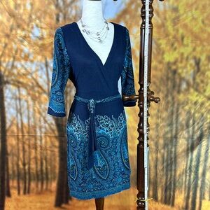Blue paisley knit dress, 3/4 sleeves wide.